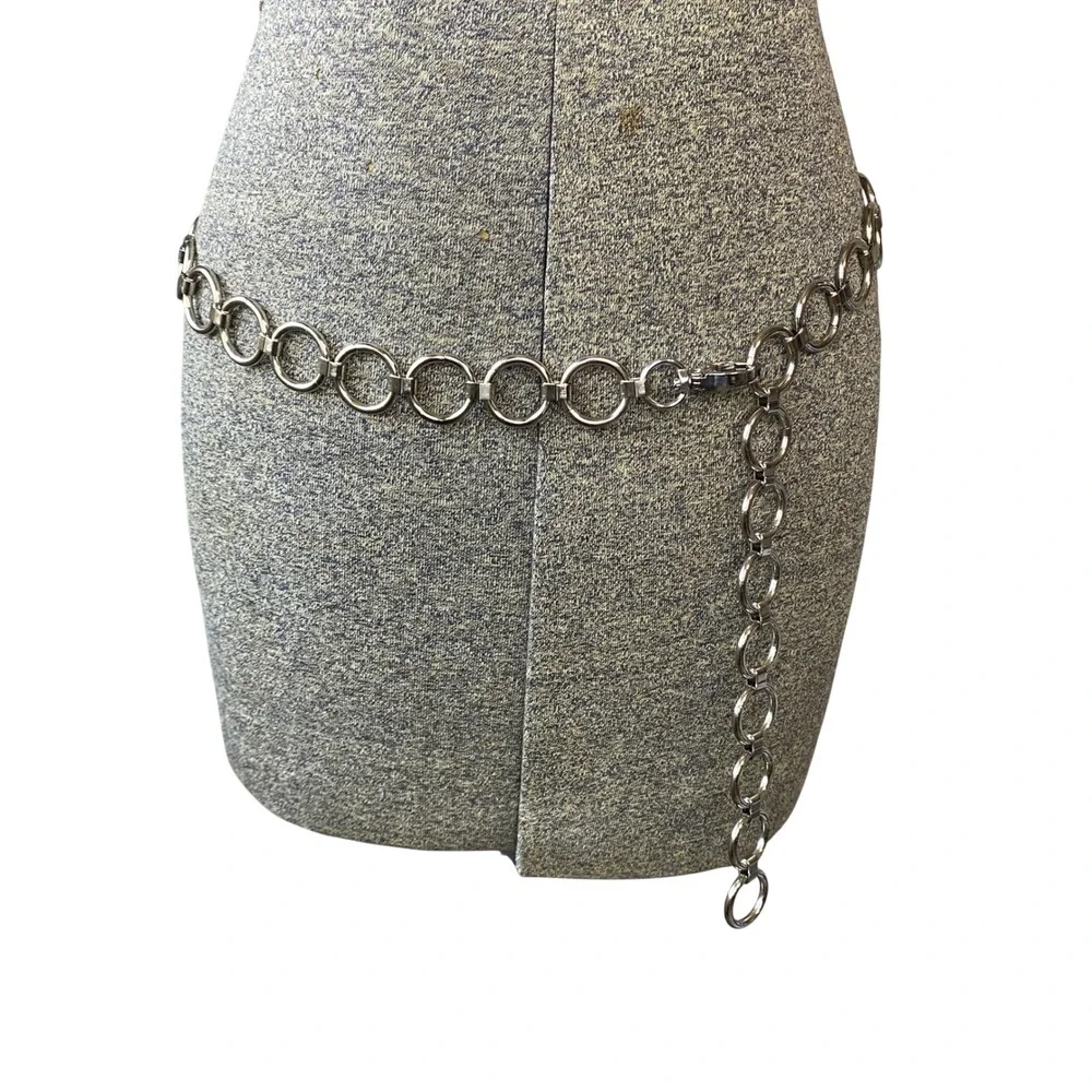 Silver Tone O-Ring Link Chain Belt Adjustable Lobster Clasp Statement Accessory